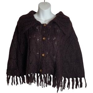 April Cornell For Cornell Trading Womens OS Brown Cable Knit Shawl Poncho Fringe